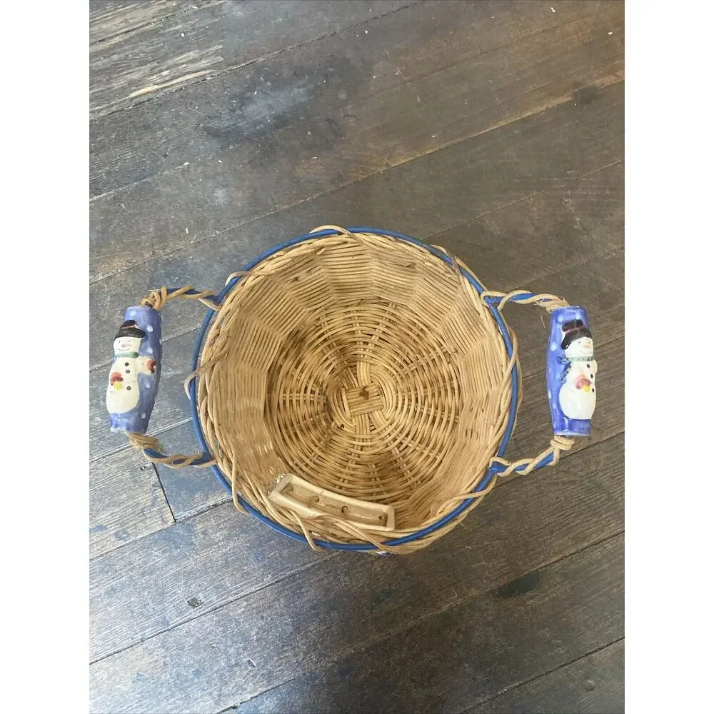 Holiday Wicker Basket with Hand-painted Snowman Ceramic Handles And Ceramic Tile